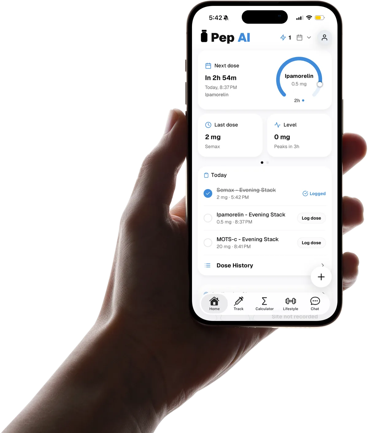 Pep AI home screen showing next dose, medication level and today’s doses