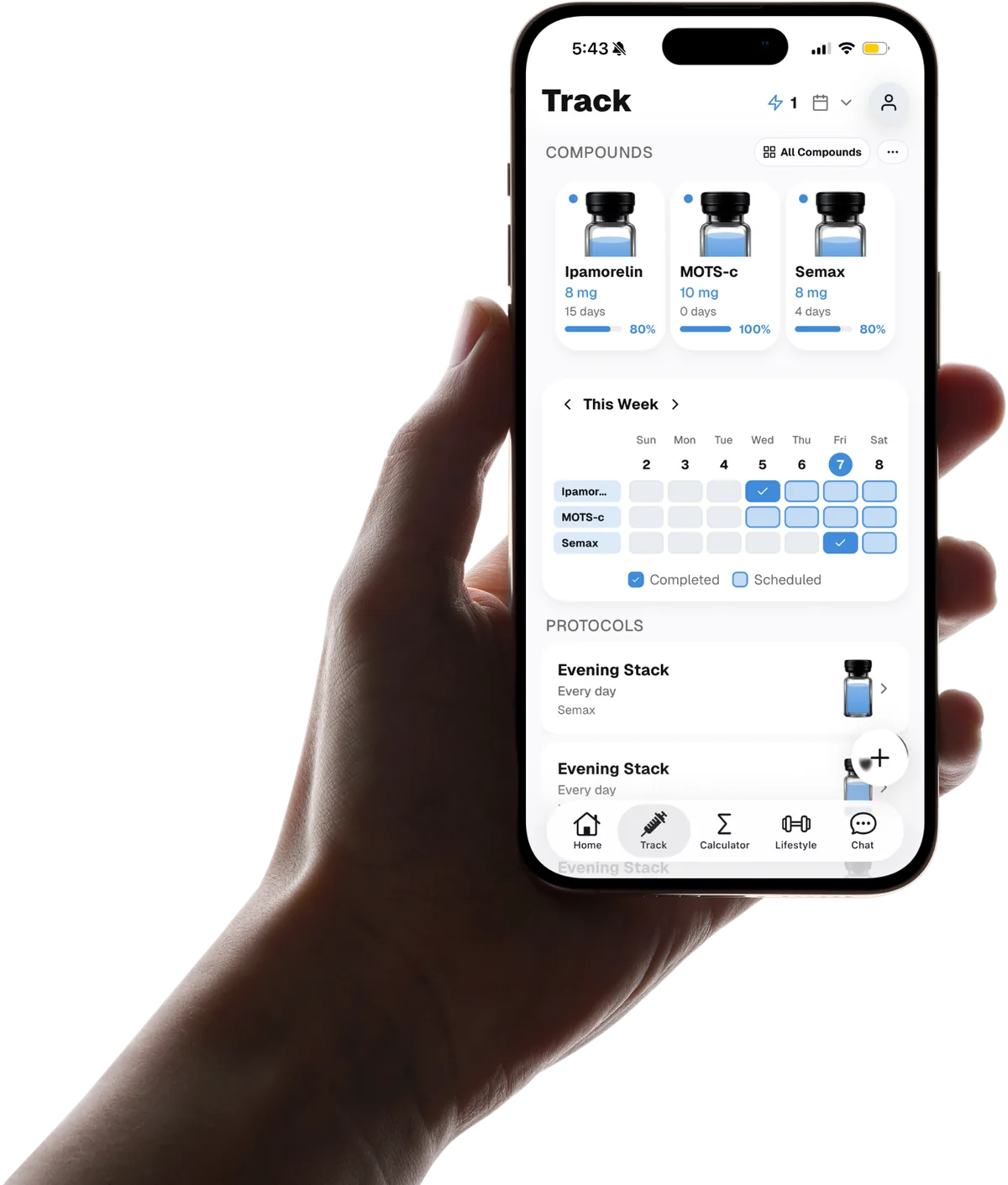 Pep AI track screen showing compounds, the weekly schedule and active cycles