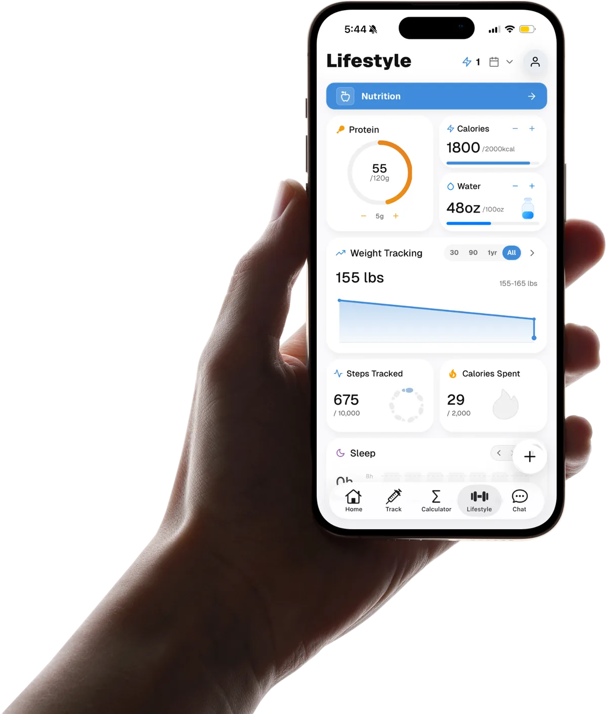 Pep AI lifestyle screen showing nutrition, weight tracking, steps and sleep